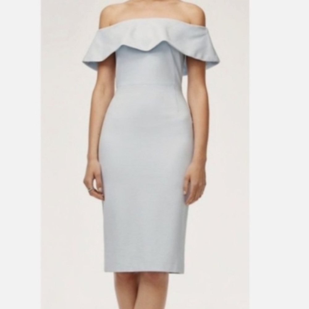 Wilfred Aritzia Ruslan off shoulder slim dress off white gray dusty blue 2